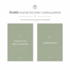 Gratis kaartje bij cadeaupakket. Keuze uit Welkom lief klein wondertje of Gefeliciteerd.